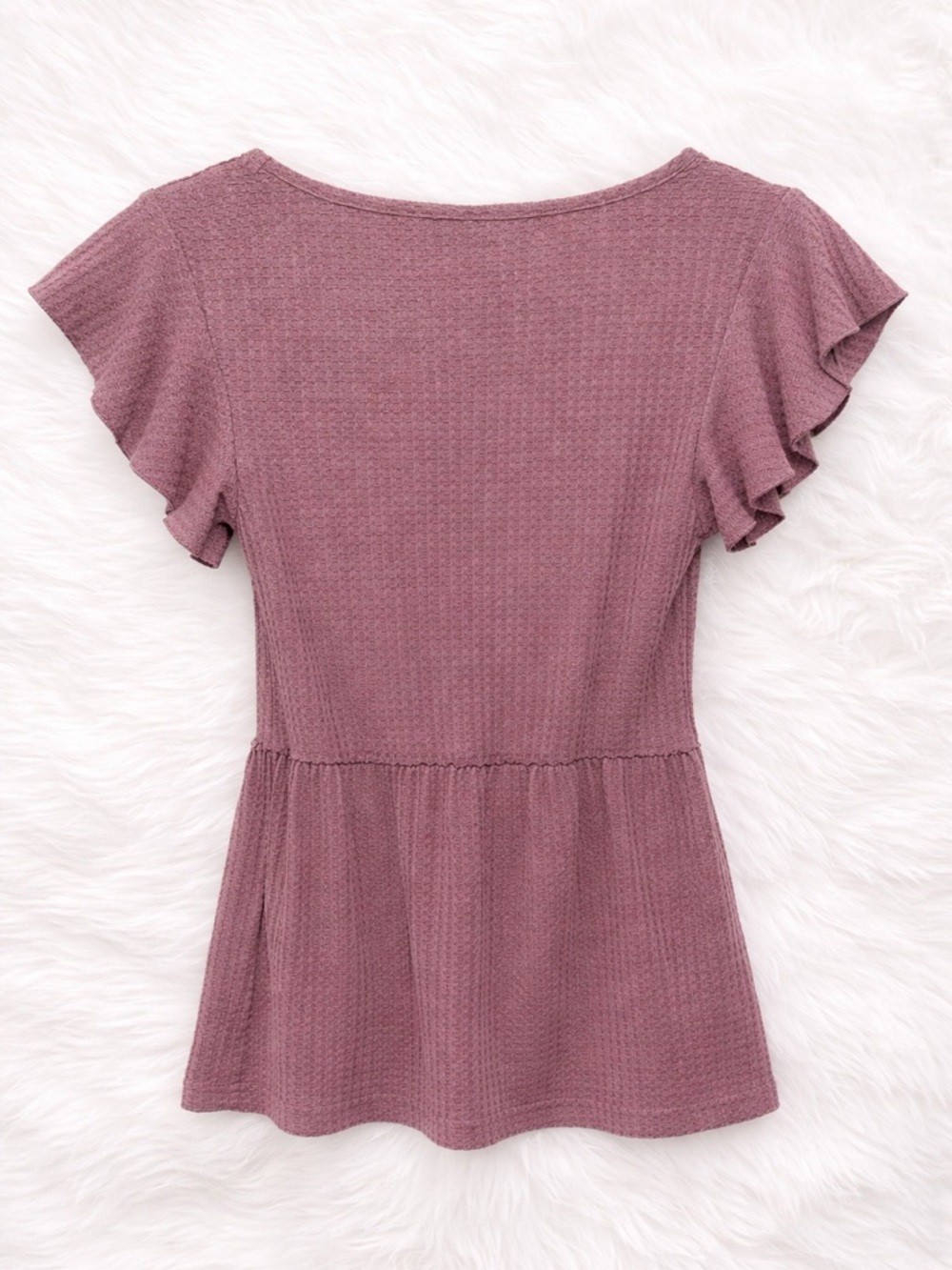 SHEIN Mauve Waffle Knit Peplum Top Small Flutter Sleeve V Neck Babydoll Blouse - Picture 2 of 3